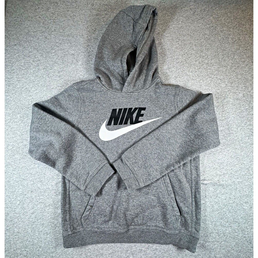 Nike Youth L Gray Fleece Pullover Hoodie Logo Swoosh Hooded Pockets